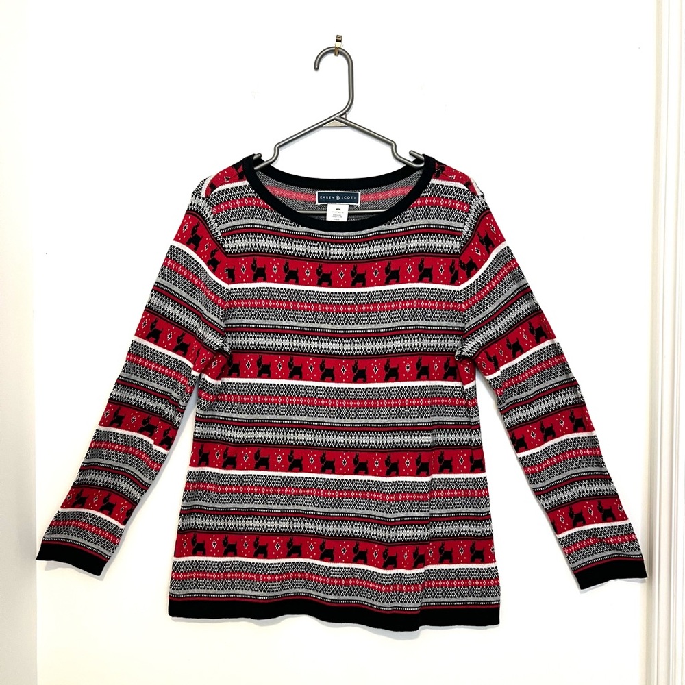 Karen Scott Red Nordic Fair Isle Print Pullover Sweater Scottie Dog Sz Medium